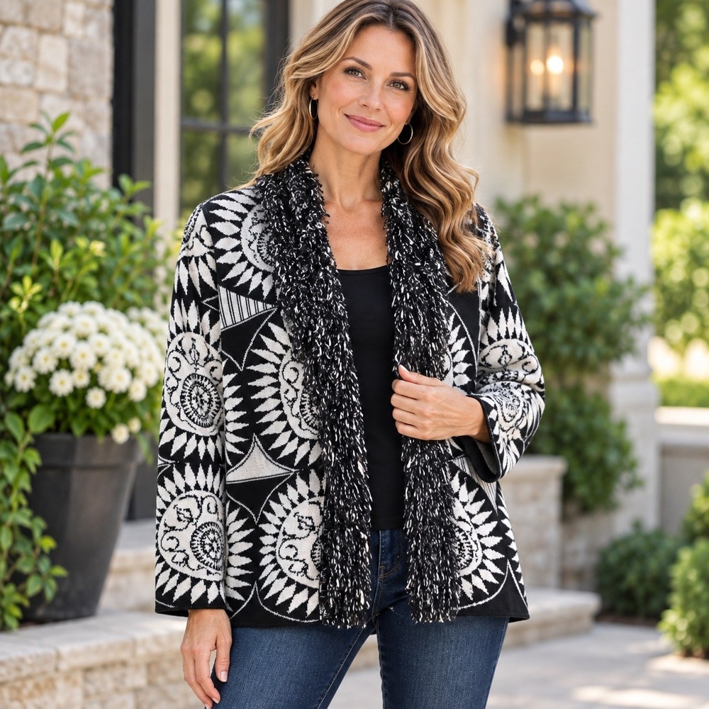 Chicos Silk Blend Sunburst Geometric Cardigan Eyelash Fringe Black White Size 1